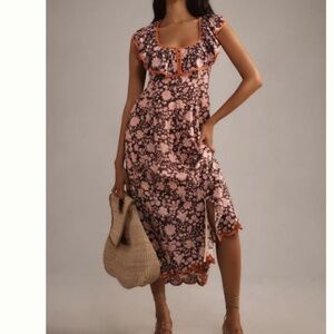 NWT Anthropologie Maeve Scoop-Neck Ruffled Embroidered Midi Dress